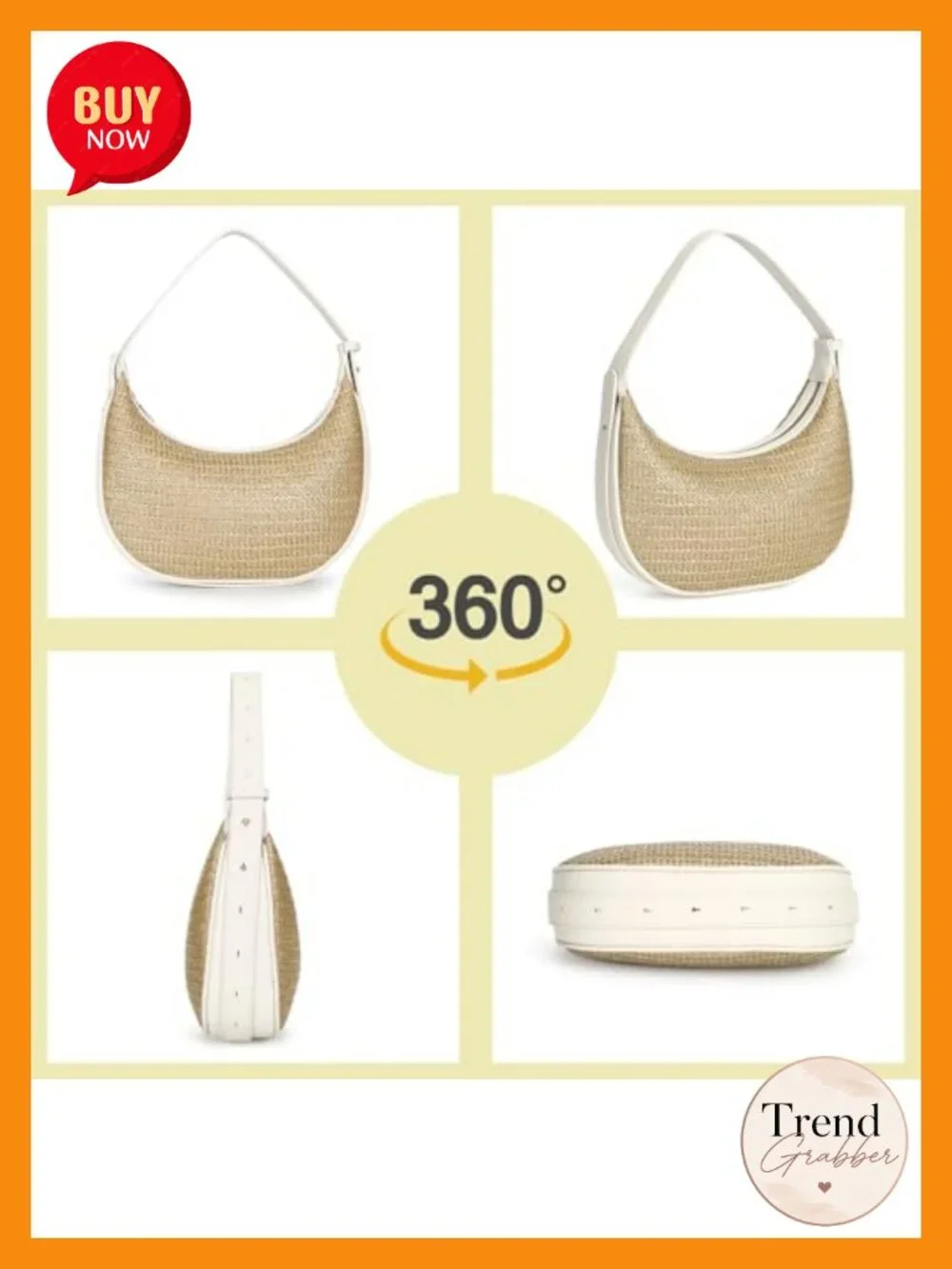 Straw Crescent Hobo Shoulder Purses Handbag with 3-Way Carry, PU Leather